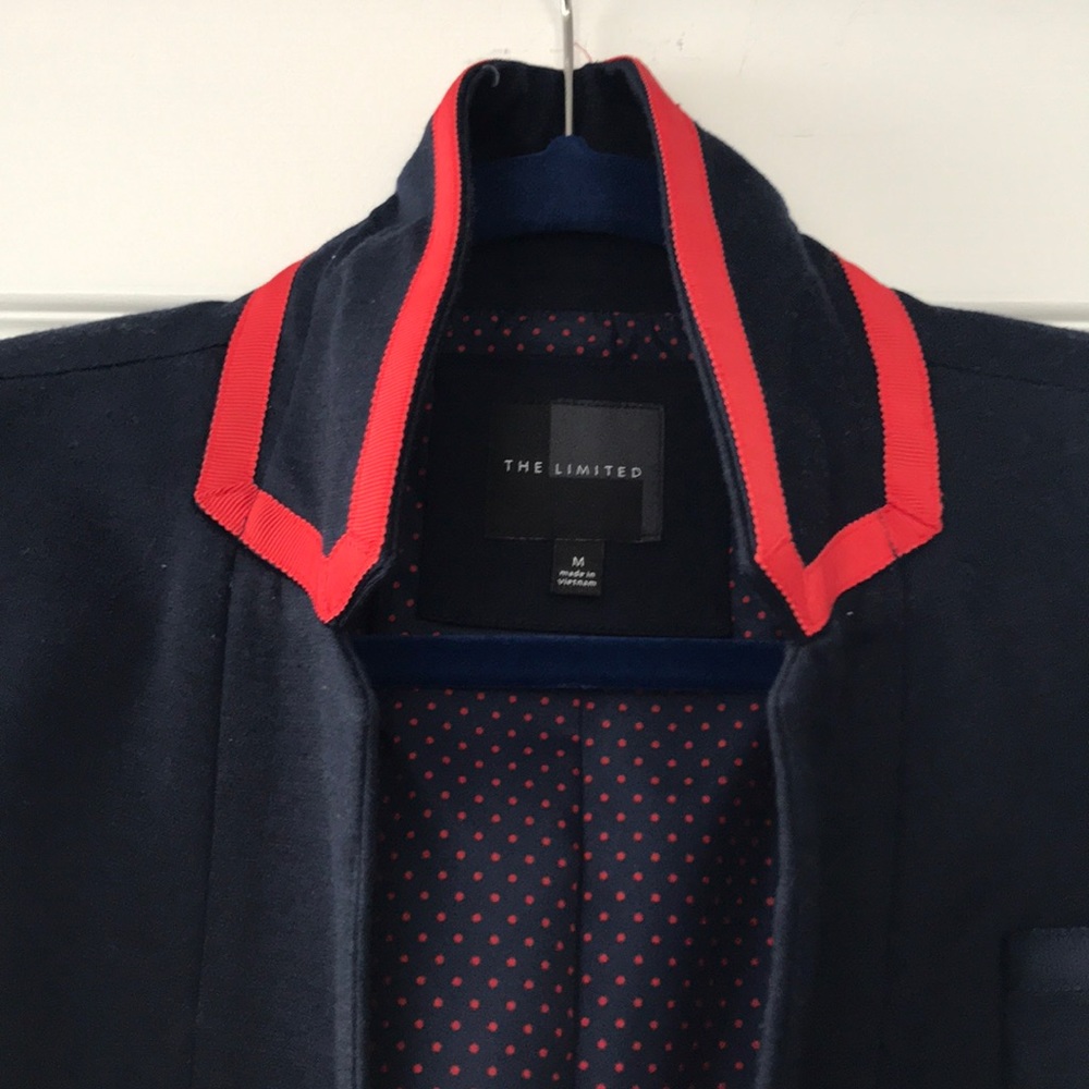 Navy cotton 3/4 sleeve blazer with orange detail.